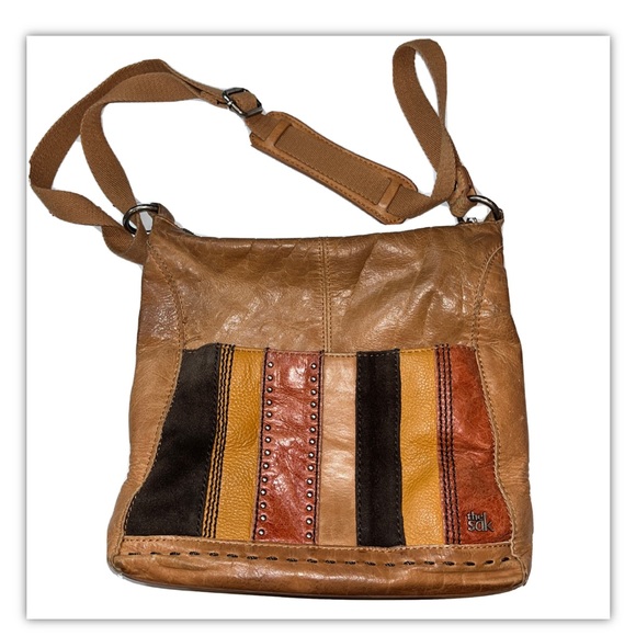 the SAK Tan camel orange brown Multi Leather STRIPED studded crossbody 10x11” L - Picture 1 of 16